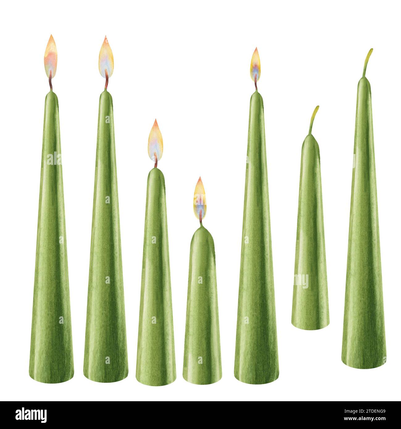Aquarellgrüne vertikale kurze und lange Kerzen mit Flammen verschiedener Art und ohne Flammen für Weihnachten, Kerzen, Hochzeit, Geburtstag, Ostern Stockfoto