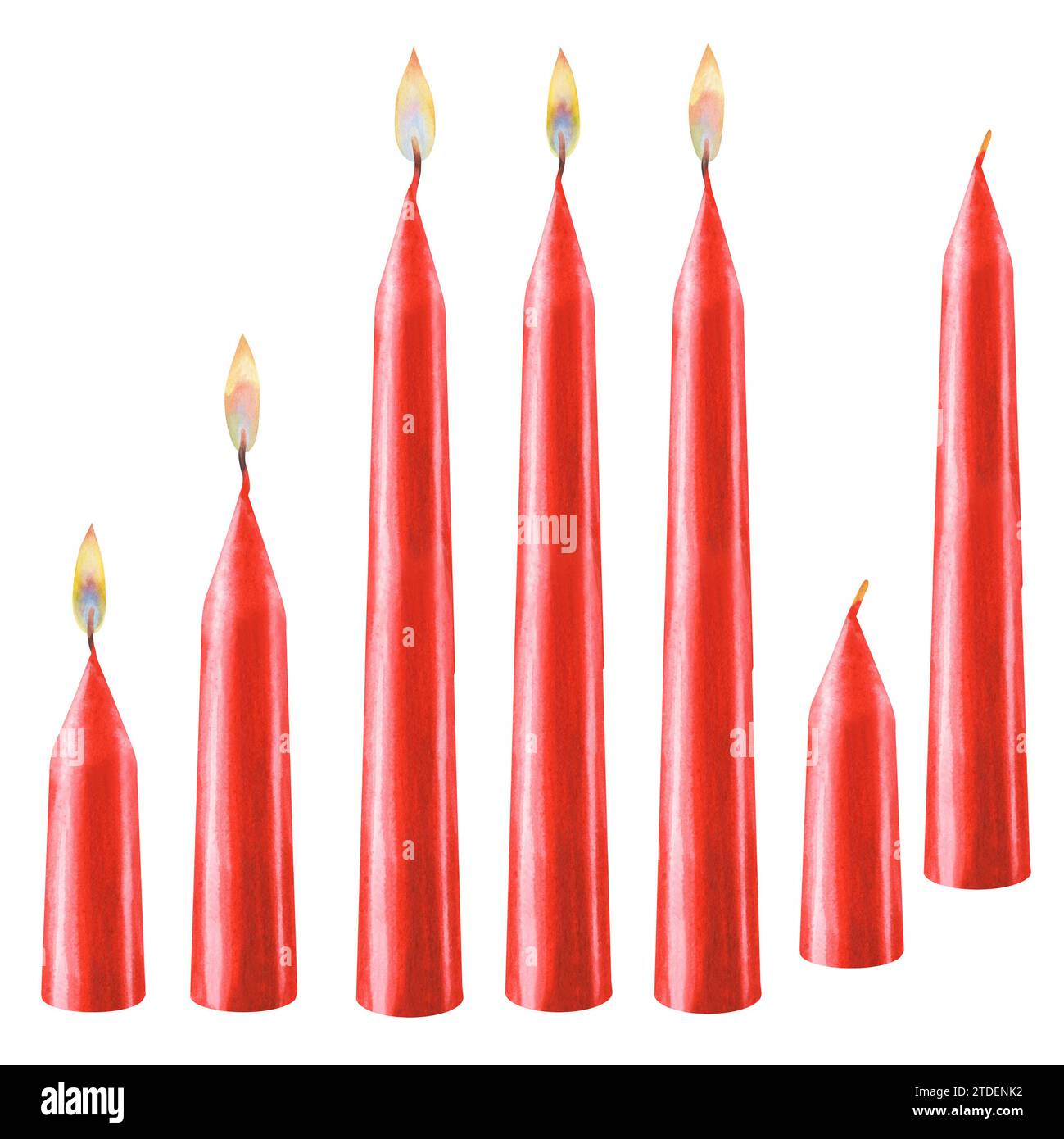 Aquarellrote vertikale kurze und lange Kerzen mit Flammen verschiedener Art und ohne Flammen für Weihnachten, Candlemas, Hochzeit, Geburtstag, Ostern, Stockfoto