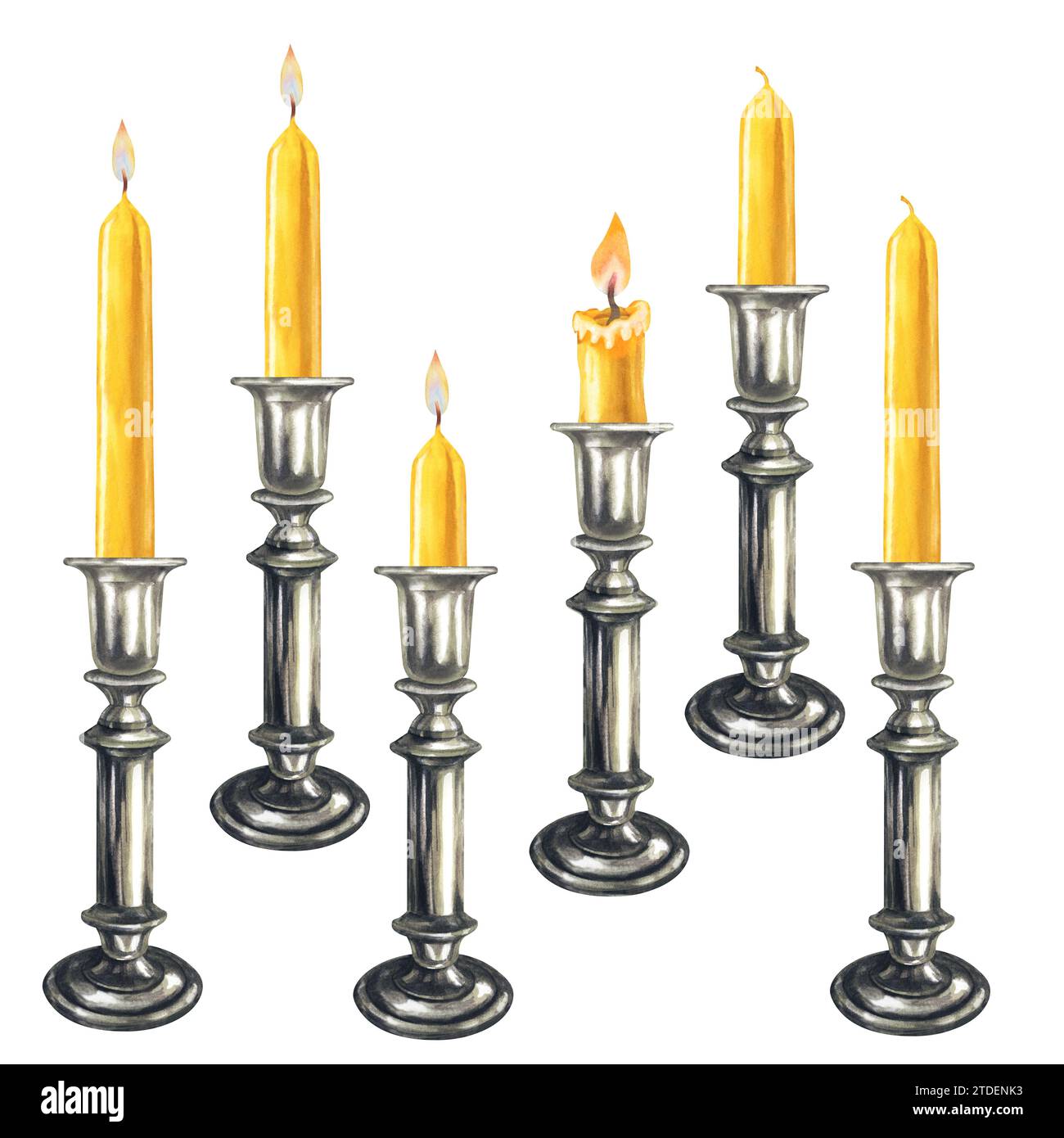 Aquarellgelb vertikale kurze und lange Kerzen mit Flamme in silbernen Kerzenleuchtern für Weihnachten, Kerzen, Hochzeit, Geburtstag, Ostern, Magie, memori Stockfoto