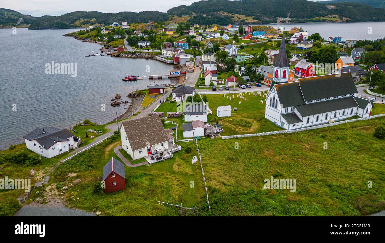 Aus der Vogelperspektive der historischen Stadt Trinity, Bonavista Peninsula, Neufundland, Kanada, Nordamerika Stockfoto