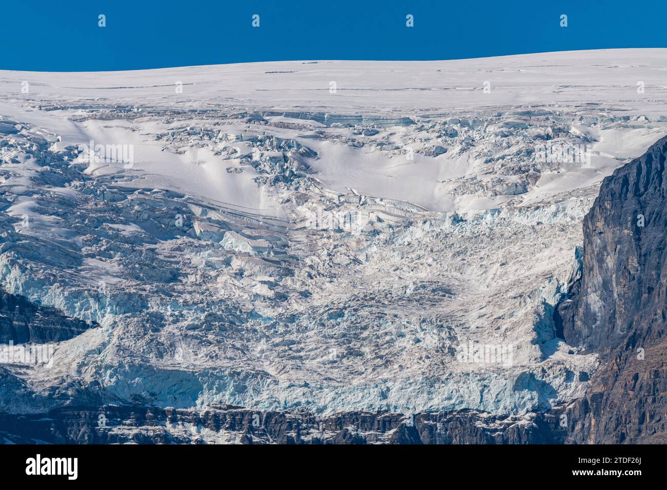 Gletscher über dem Glacier Parkway, Alberta, Kanada, Nordamerika Stockfoto