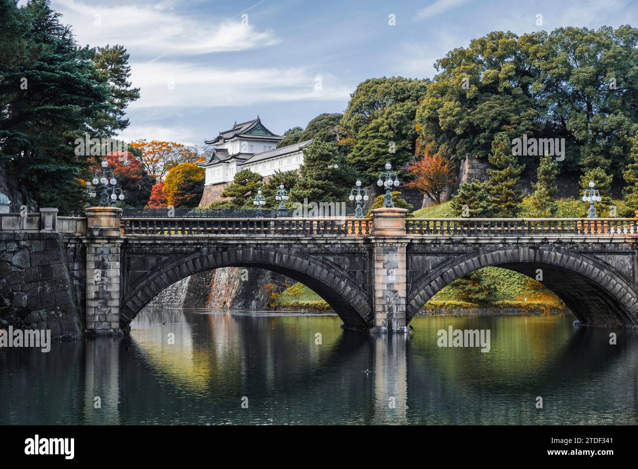 Nijubashi Brücke über den Graben und einen Wachturm im Kaiserpalast von Tokio im Herbst, Tokio, Honshu, Japan, Asien Stockfoto