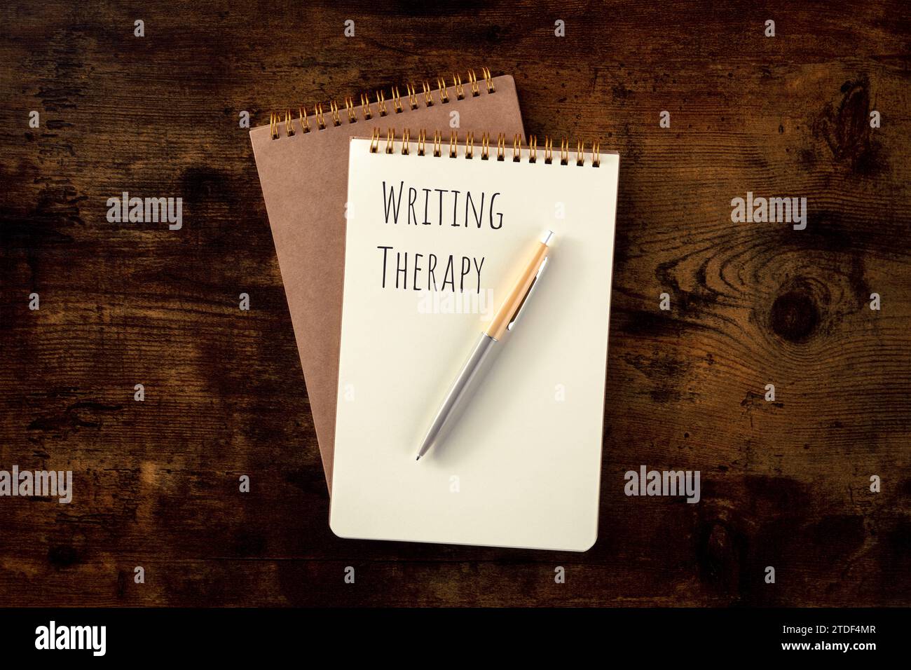 Schreibtherapie. Notizbuch mit Stift, oben flach auf einem rustikalen Holztisch Stockfoto