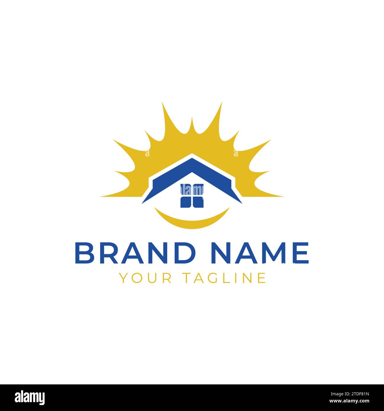 Sun House Logo Symbol Design Vektorbild. Haus mit Sonnensymbol auf weißem Hintergrund. Flacher STYLE. Vektorabbildung. Stock Vektor