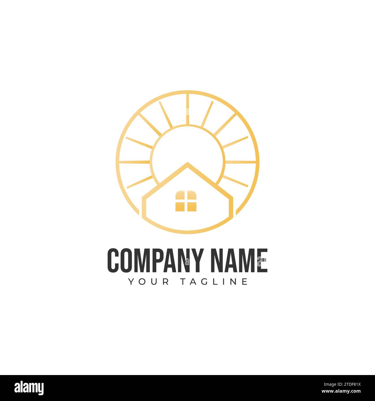 Sun House Logo Symbol Design Vektorbild. Haus mit Sonnensymbol auf weißem Hintergrund. Flacher STYLE. Vektorabbildung. Stock Vektor