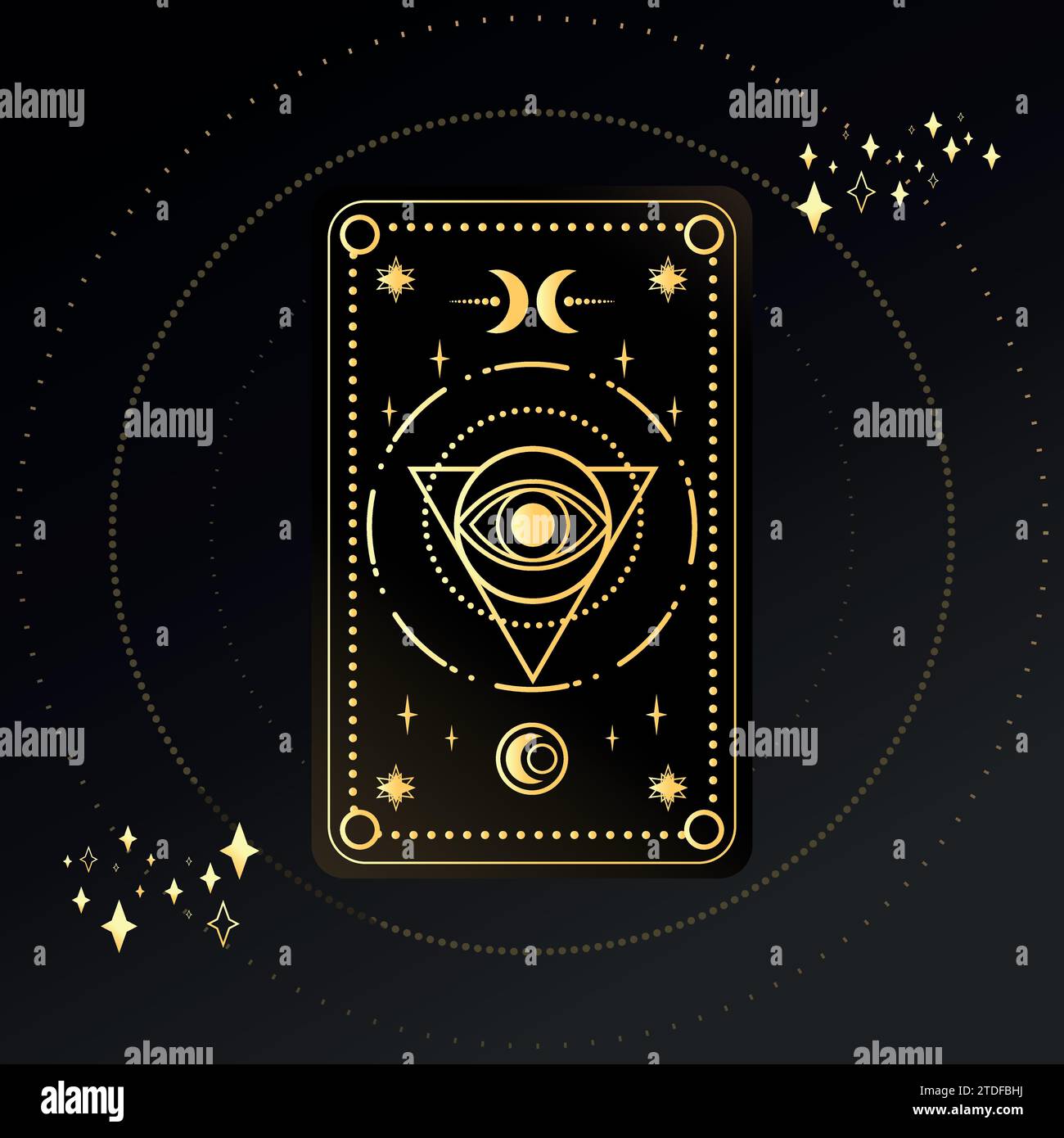 Goldene Tarotkarte mit einem magischen Auge und Sichel, verziert mit geometrischen Formen. Tarot-Symbolismus. Rätsel, Astrologie, Esoterik. Vektorabbildung Stock Vektor