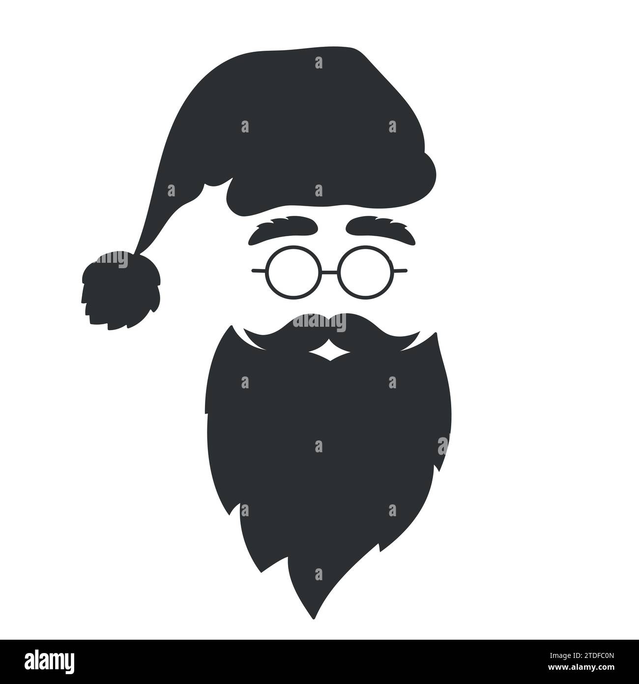 Silhouette des Weihnachtsmanns auf weißem Hintergrund. Hut, Bart, Schnurrbart, Augenbrauen und Brille. Weihnachtssymbol. Vektorabbildung Stock Vektor