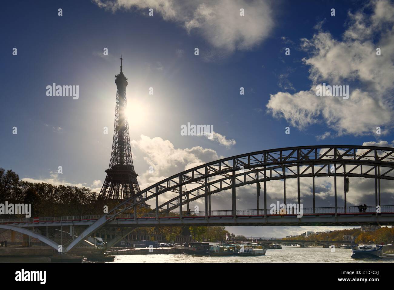 Paris, Frankreich - Passerelle Debilly oder Debilly Fußgängerbrücke, durch eine Bogenbrücke über die seine mit Blick auf den berühmten Eiffelturm Stockfoto