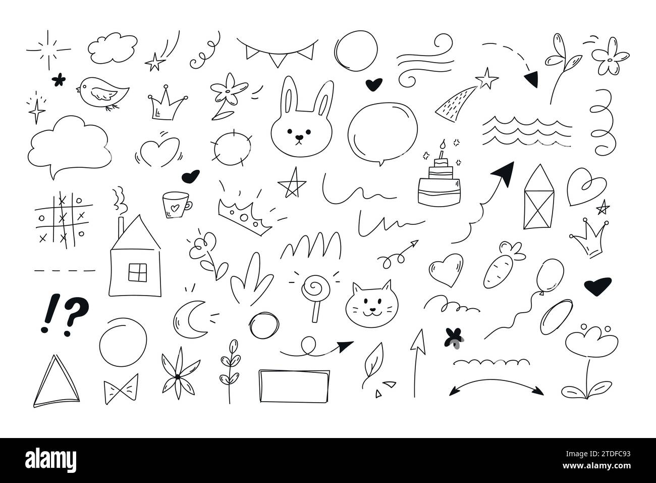 Kindliche Doodle-Sammlung von handgezeichneten Tieren, Pfeilen, Sternen, Herzen, geometrischen Formen, Kronen, Blumen, Linien und Formen. Vektorabbildung Stock Vektor