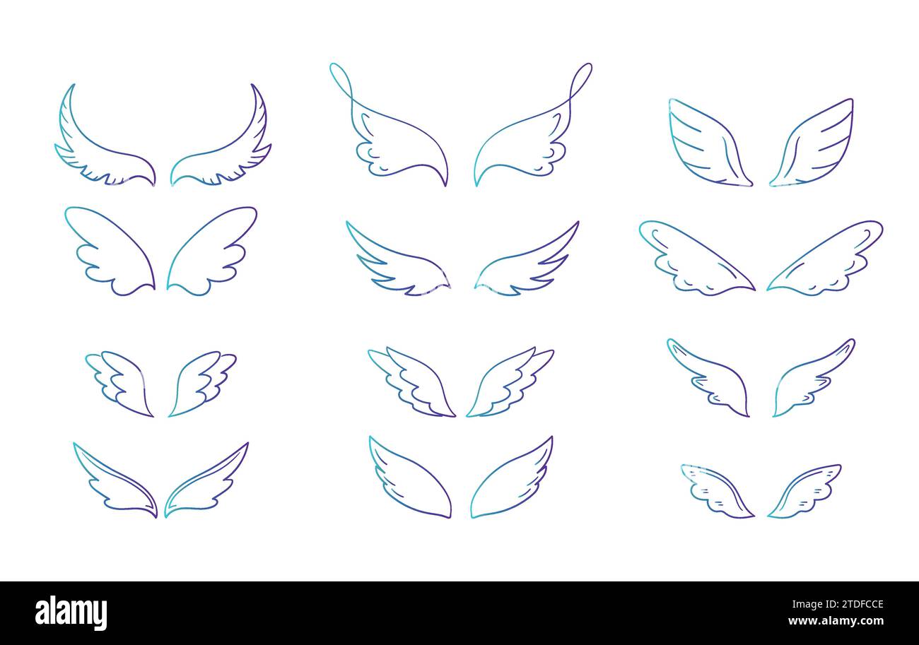 Sammlung von handgezeichneten Flügeln in verschiedenen Formen. Doodle Wings-Kollektion in Neonverlaufsfarbe. Vektorabbildung Stock Vektor