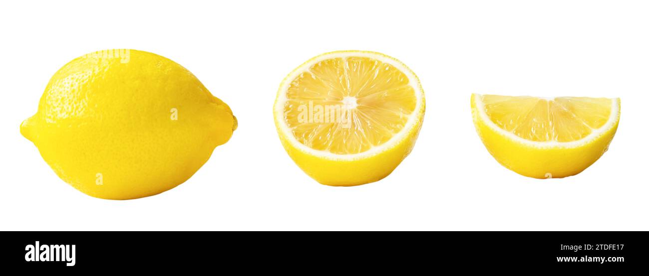 Der Satz der ganzen gelben Zitrone mit der Hälfte und der Schicht ist auf weißem Hintergrund mit Beschneidungspfad isoliert. Stockfoto