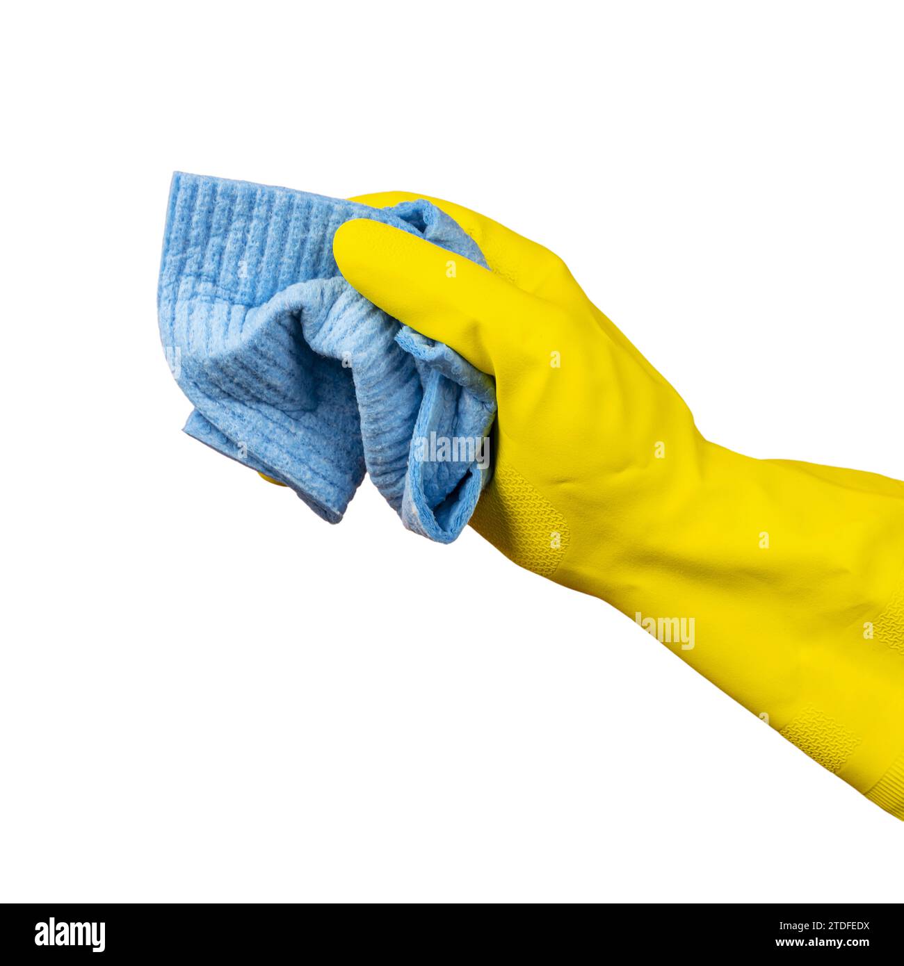 Eine Hand mit einem gelben Gummihandschuh hält einen Reinigungsschwamm Stockfoto