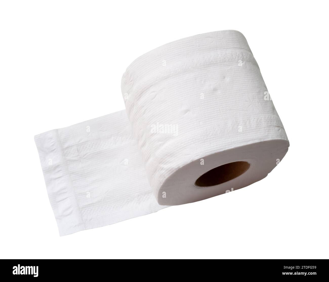 Eine einzelne Rolle weißes Taschentücher oder Serviette, die für die Verwendung in Toilette oder Toilette vorbereitet ist, ist auf weißem Hintergrund mit Schneidepfad isoliert. Stockfoto