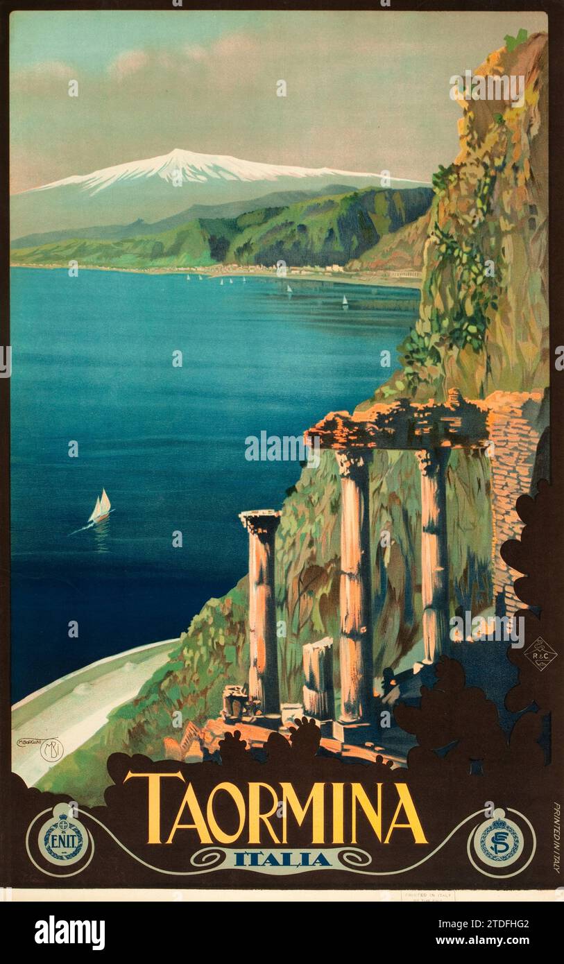 Taormina, Sizilien, Italien Reiseplakat (ENIT 1927). Italienisches Poster - wunderschöne Landschaft. Stockfoto