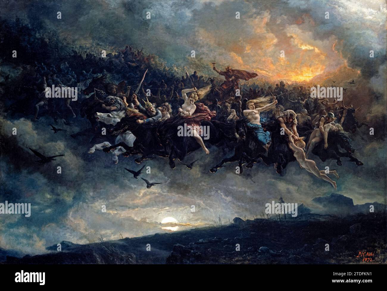 „Die wilde Jagd nach Odin“ 1872 des norwegischen Künstlers Peter Nicolai Arbo (1831-1892), der eine Jagdgruppe zeigt, die Thor in Walküren vermietet hat, basierend auf Johan Sebastian Welhavens Gedicht Asgaardsreien. Stockfoto