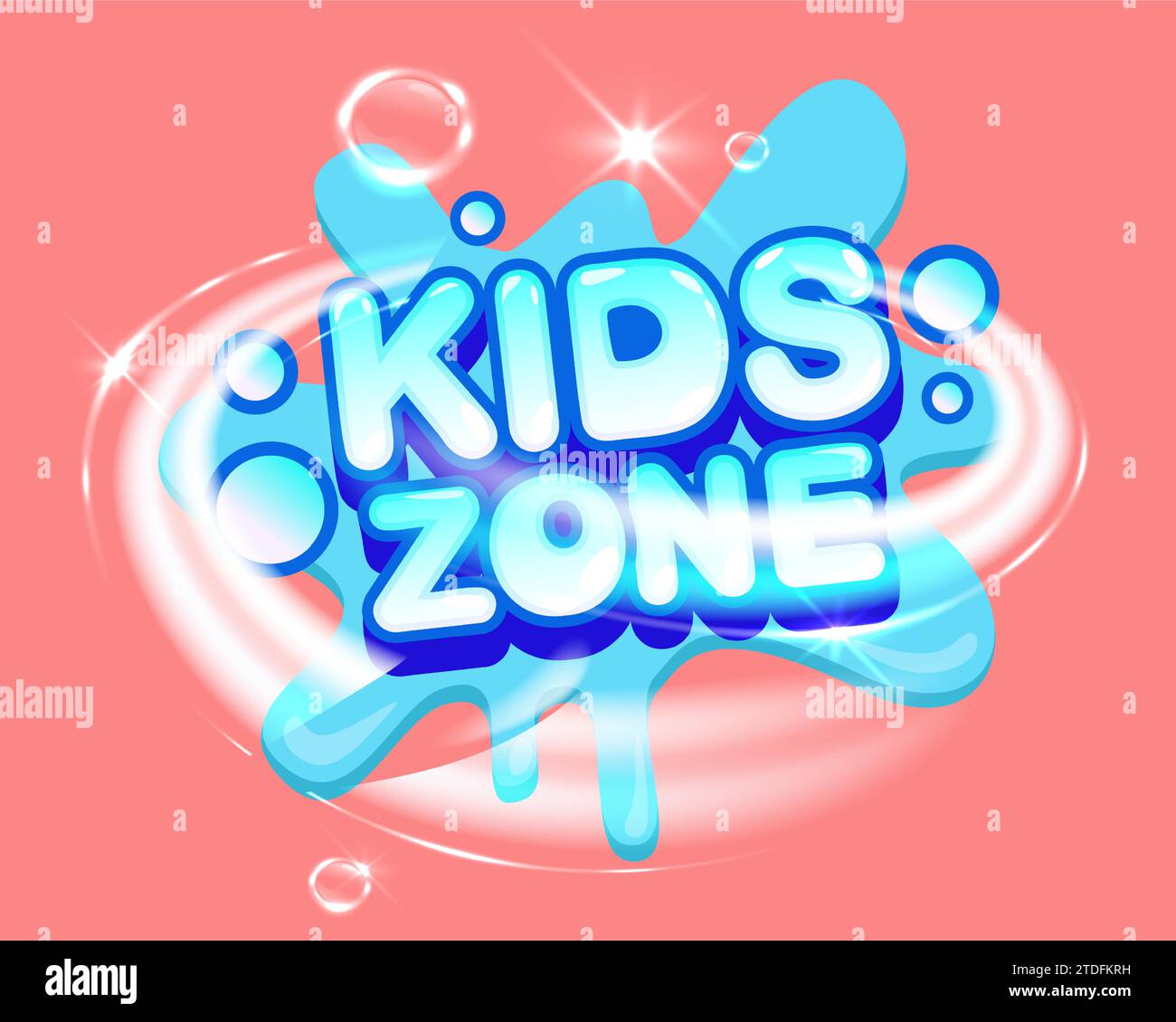 Kinderbereich. Blaue Buchstaben auf rosafarbenem Hintergrund. Kindliche Unterhaltung. Logo, Emblem oder Aufkleber für das Spielzimmer. Buntes, isoliertes Abzeichen. Logo-Design. Spiel g Stock Vektor