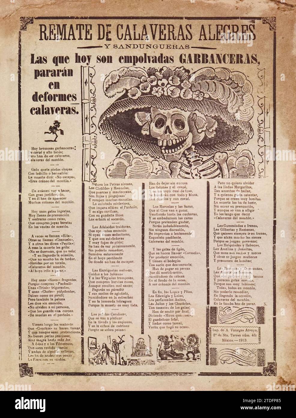La Calavera Catrina (der Dapper Schädel) 1910 satirischer Druck im Zeitungsstil des mexikanischen Künstlers José Guadalupe Posada (1852–1913), der das Skelett einer hochgesellschaftlichen Dame mit einem breiten Grinsen und einem kunstvollen Federhut im europäischen Stil zeigt, die während des Porfiriato modische mexikanische Oberschicht-Mexikaner mit einem Lächeln. Stockfoto
