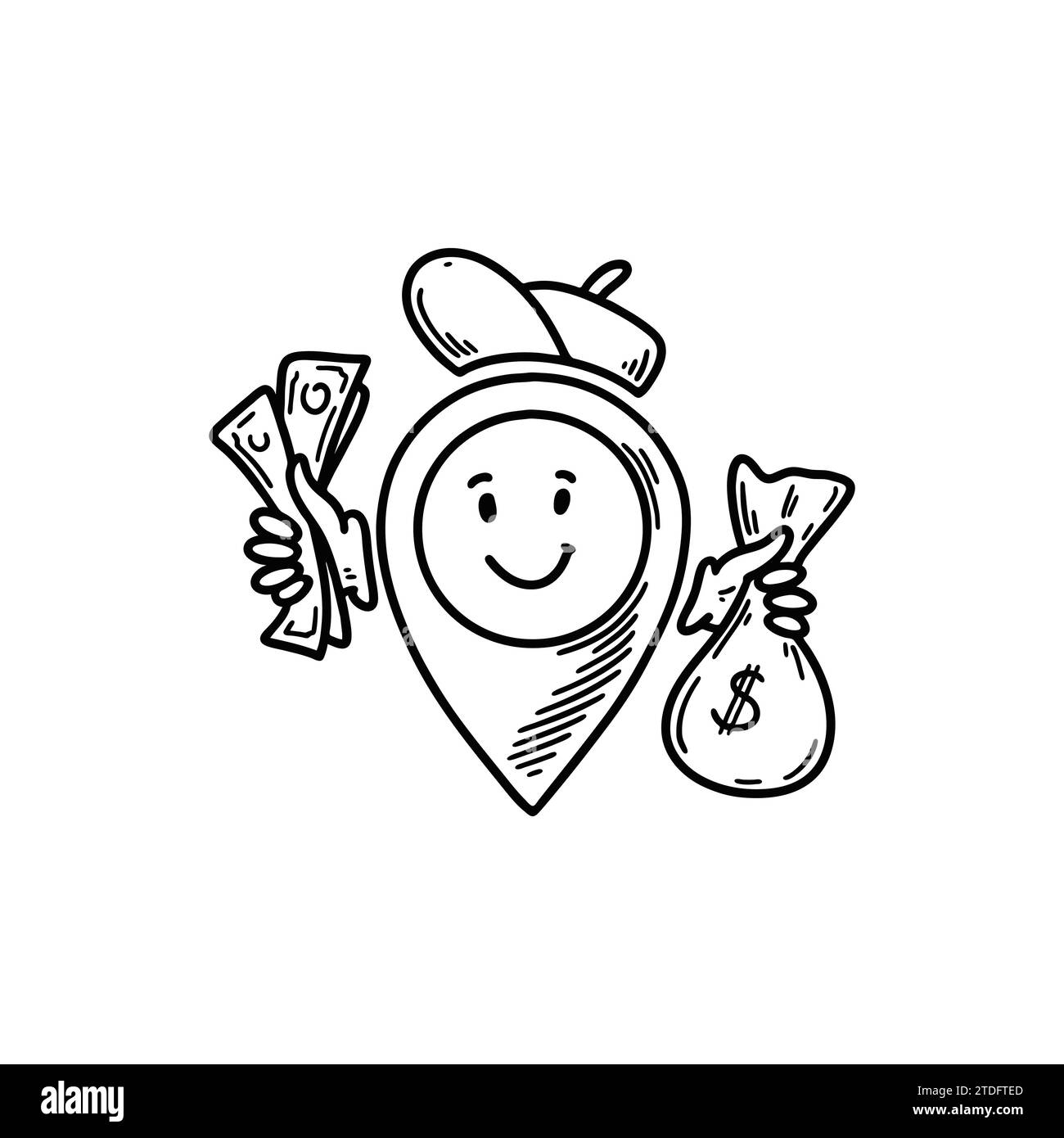 Niedliche Linie Doodle Bank Position Pin Emoji. Freihandskizze Pinpoint. Kartenadresse Comic Emoticon. Lächelnder lustiger Charakter Stock Vektor