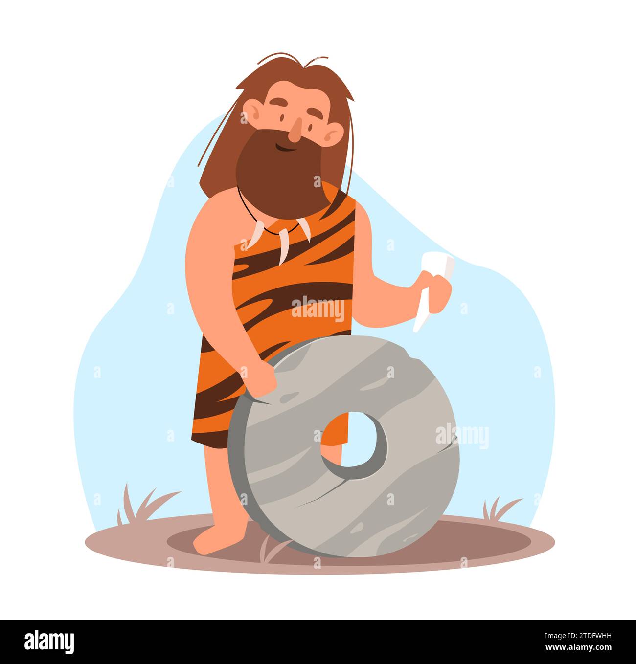 Der alte Mann mit Bart macht ein Rad aus Stein. Steinzeitmenschen, Tigerfellkleidung. Prähistorisches Zeitzeichen. Homo sapiens primitive Erfindungen Stock Vektor