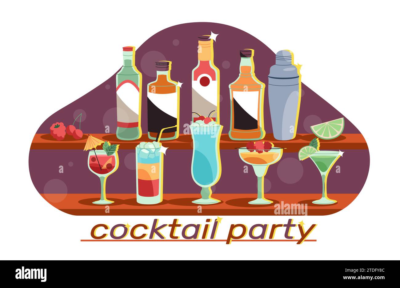 Cocktailparty, verschiedene kalte alkoholische Getränke in verschiedenen Gläsern. Bunte, helle Shots und tropische Longdrinks mit Strohhalmen. Whiskey und Stock Vektor