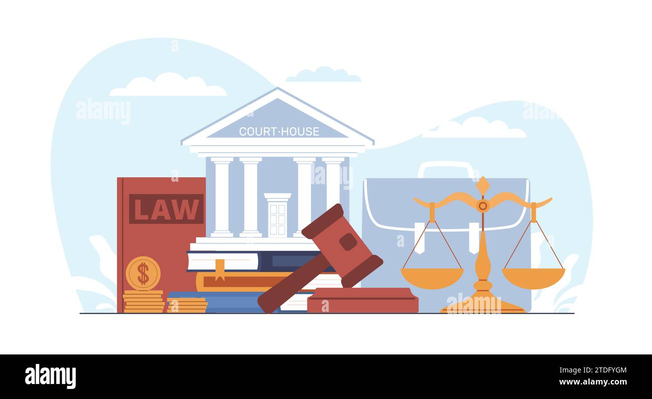 Das Konzept der Gerechtigkeit, des Gerichts, des Hamels, des Gesetzbuches und der Waagen. Dienstleistungen von Rechtsanwälten, Rechtsanwälten oder Notaren, Rechtsprechung und Gesetzgebung. Staatliche Institutionen Stock Vektor