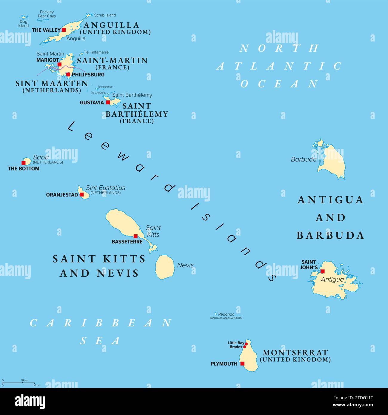 Von Anguilla bis Montserrat, politische Karte. Inseln in der Karibik, Teil der Leeward-Inseln und der Kleinen Antillen. Stockfoto