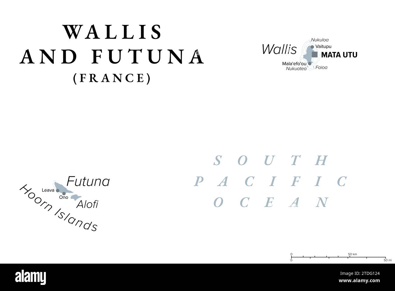 Wallis und Futuna, graue politische Karte. Inselgemeinde Frankreichs im Südpazifik mit der Hauptstadt Mata Utu. Stockfoto