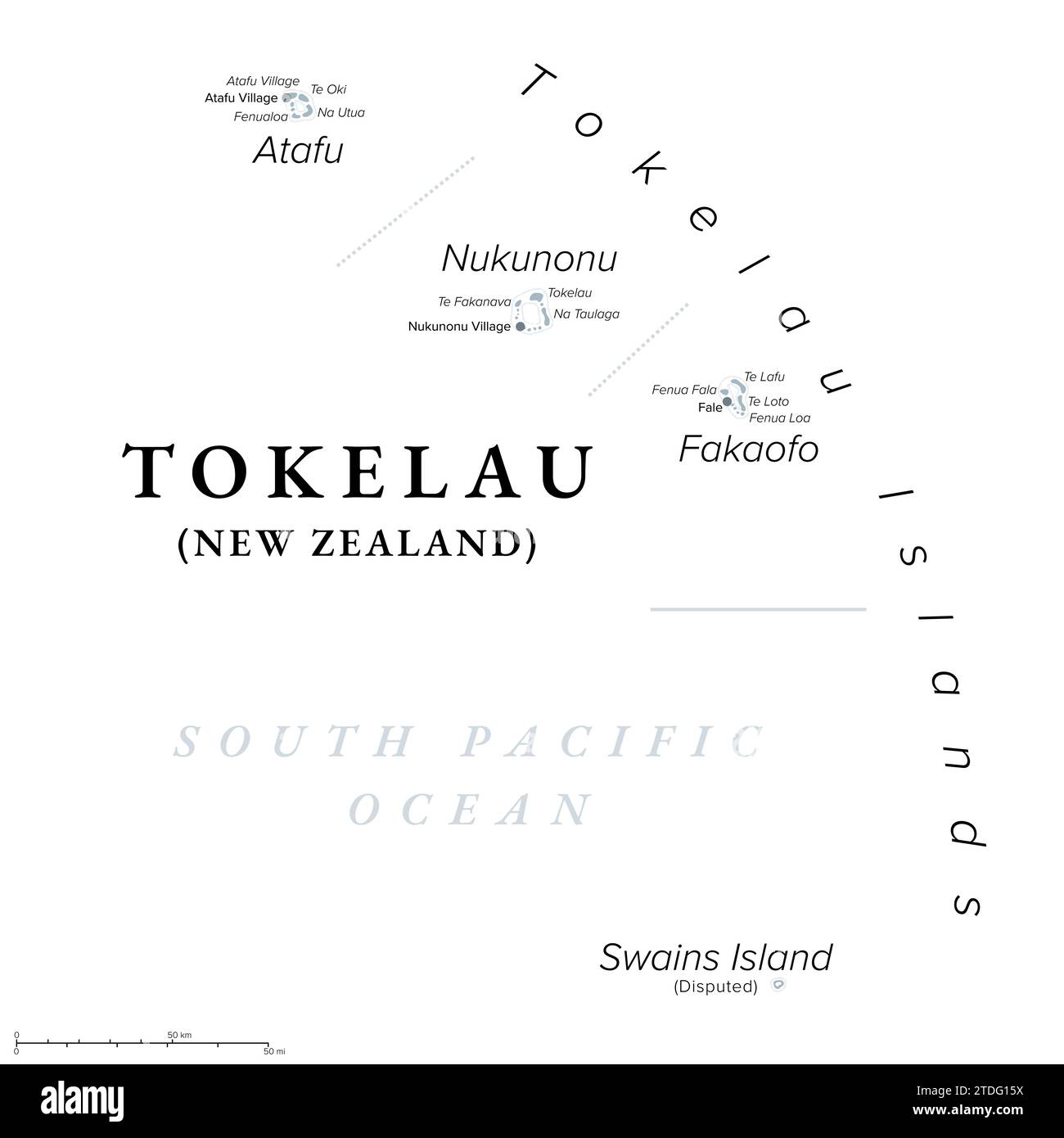 Tokelau, abhängiges Territorium Neuseelands, politische Karte. Südpazifischer Archipel bestehend aus tropischen Korallenatollen Atafu, Nukunonu und Fakaofo. Stockfoto