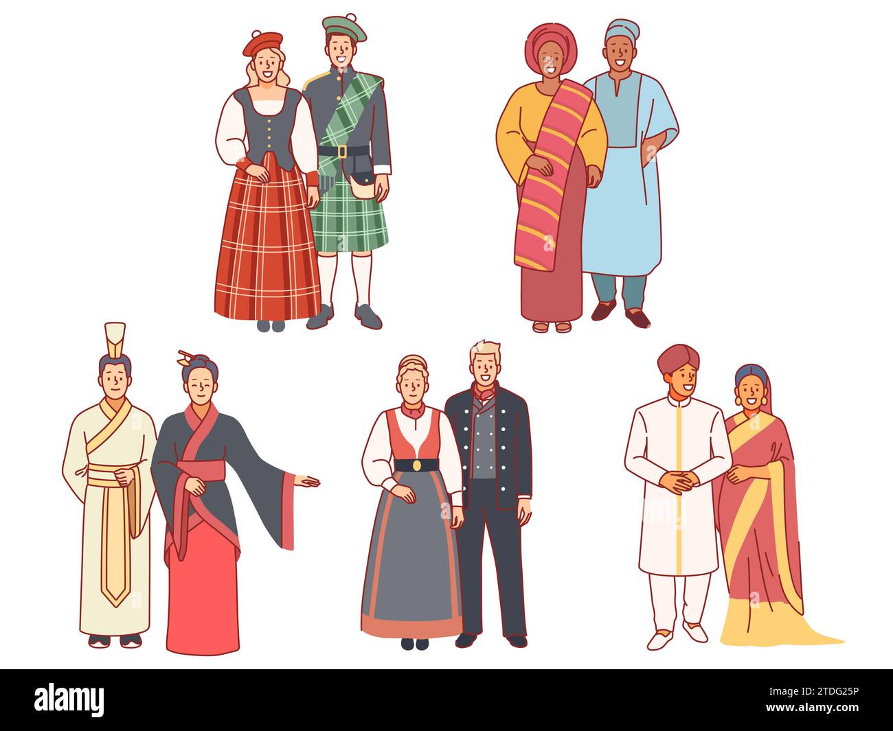 Menschen in Nationalkostümen. Multikulturelle Paare, traditionelle Volkskleidung, verschiedene ethnische Gruppen, asiaten, afrikaner und europäer. Schotten, Indianer und Stock Vektor