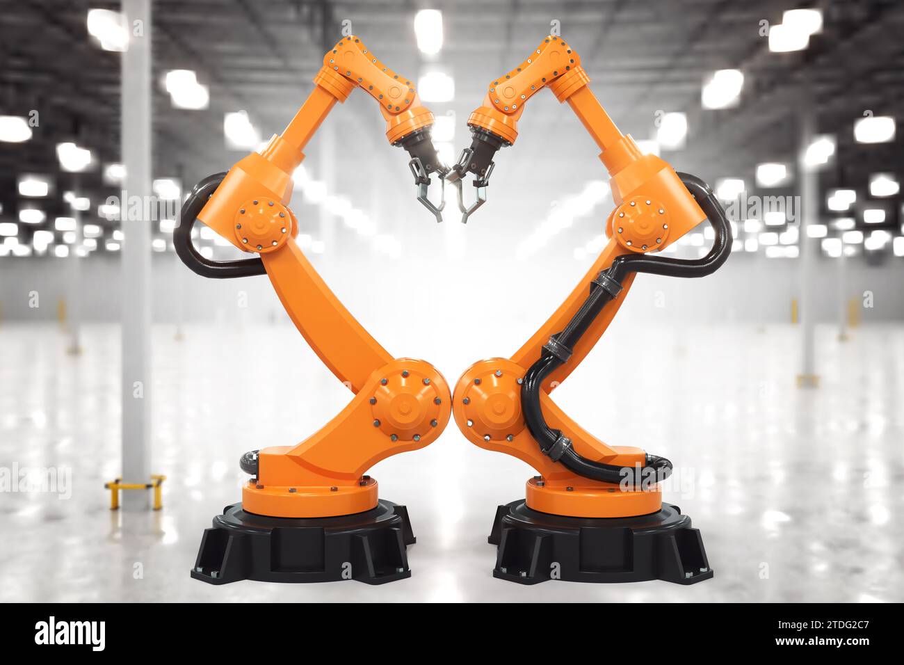 Roboterarme berühren sich, 3D-Rendering auf industriellem Hintergrund. Stockfoto