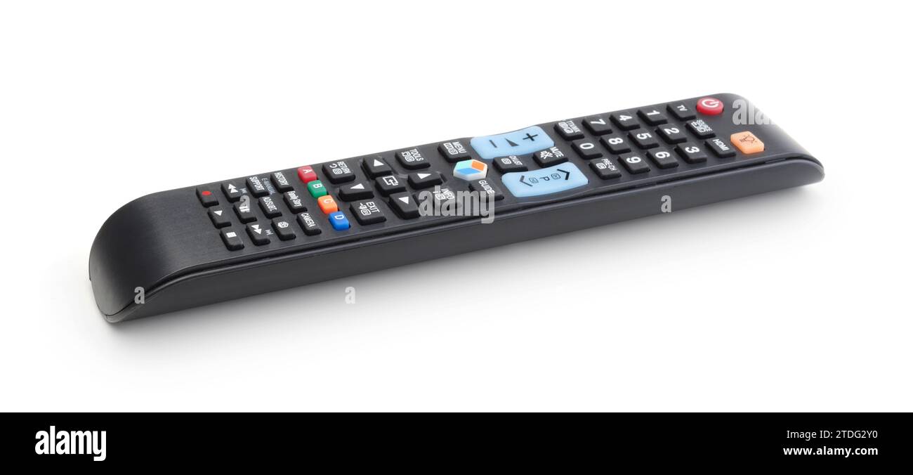 Neue moderne Plastik-TV-Fernbedienung isoliert auf weiß. Stockfoto