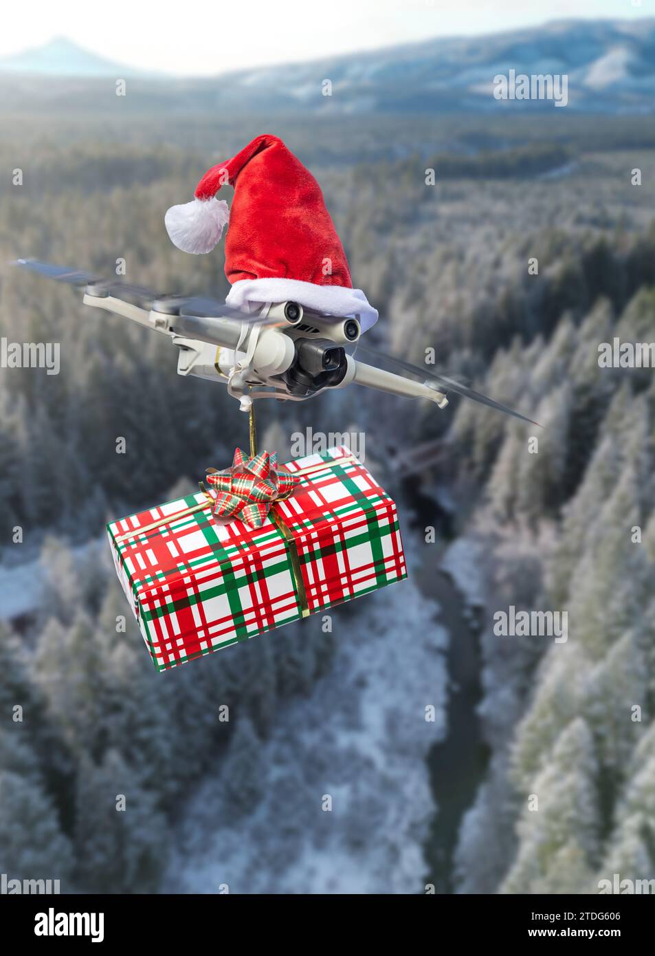 Drohnenkonzept mit weihnachtsmann-Hut und eingewickeltem Geschenk für die Lieferung isoliert über einer ländlichen Landschaft Stockfoto