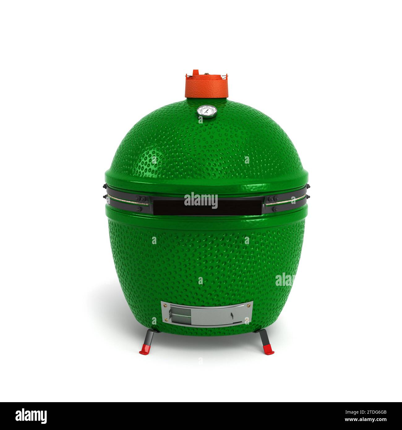 Kleiner Grill grüne Farbe BBQ Grill für den Außenbereich Fleischgerichte vorbereiten Vorderansicht 3D-Rendering auf weiß Stockfoto