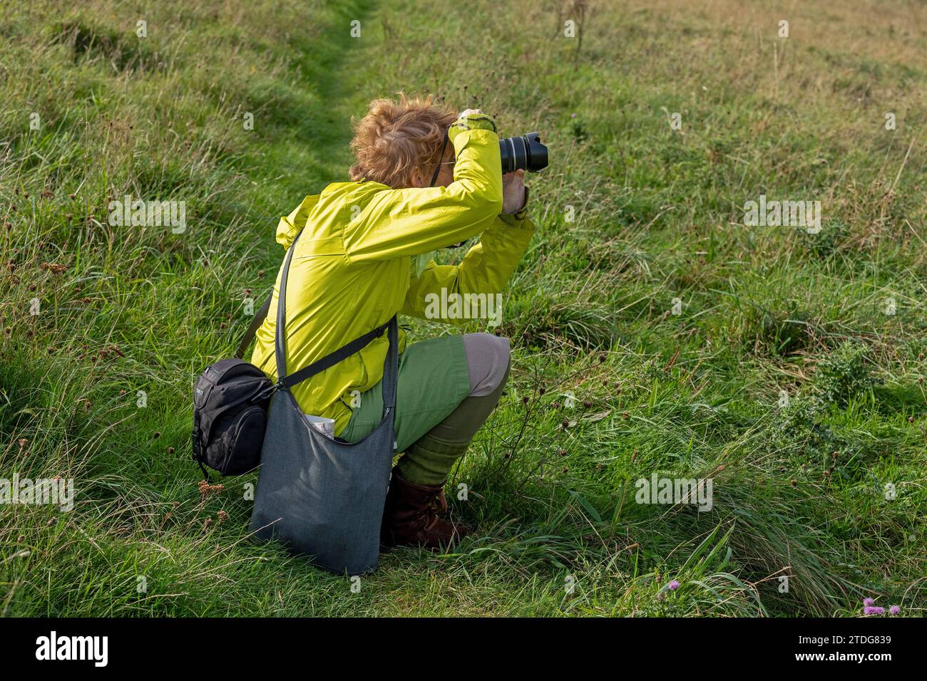Frau, die Fotos macht, Truleigh Hill, Shoreham by Sea, South Downs, West Sussex, England, Großbritannien Stockfoto