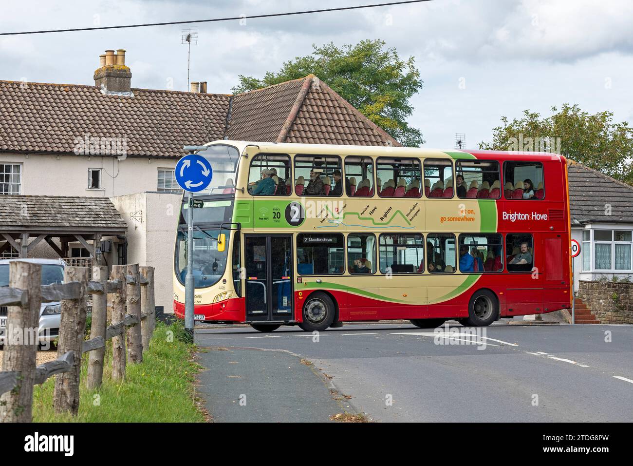 Doppeldeckerbus, Upper Beeding, South Downs, West Sussex, England, Großbritannien Stockfoto