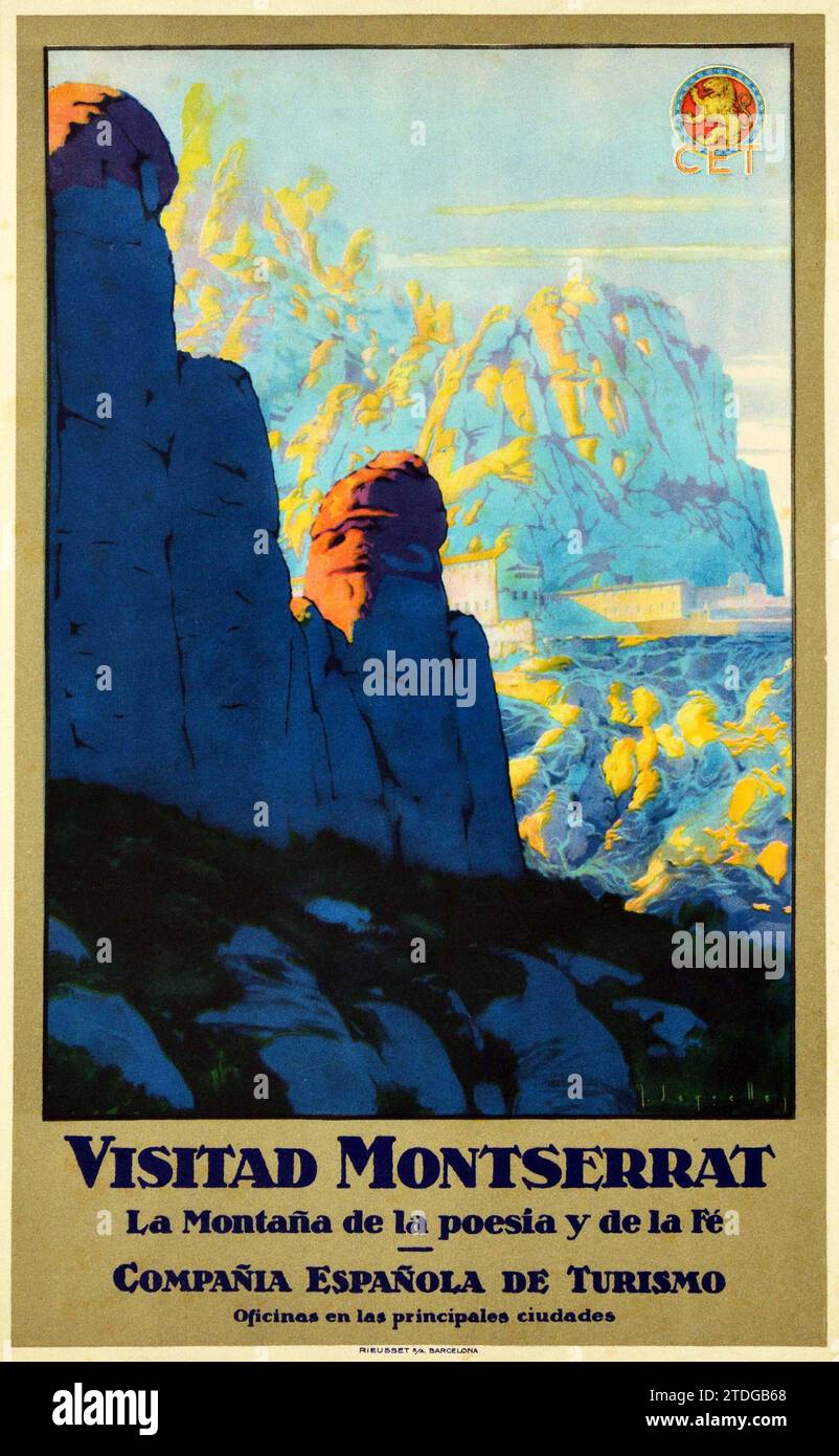 CET - Vintage-Reiseplakat - Visitad Montserrat - Mountain Abbey Poetry & Faith Stockfoto