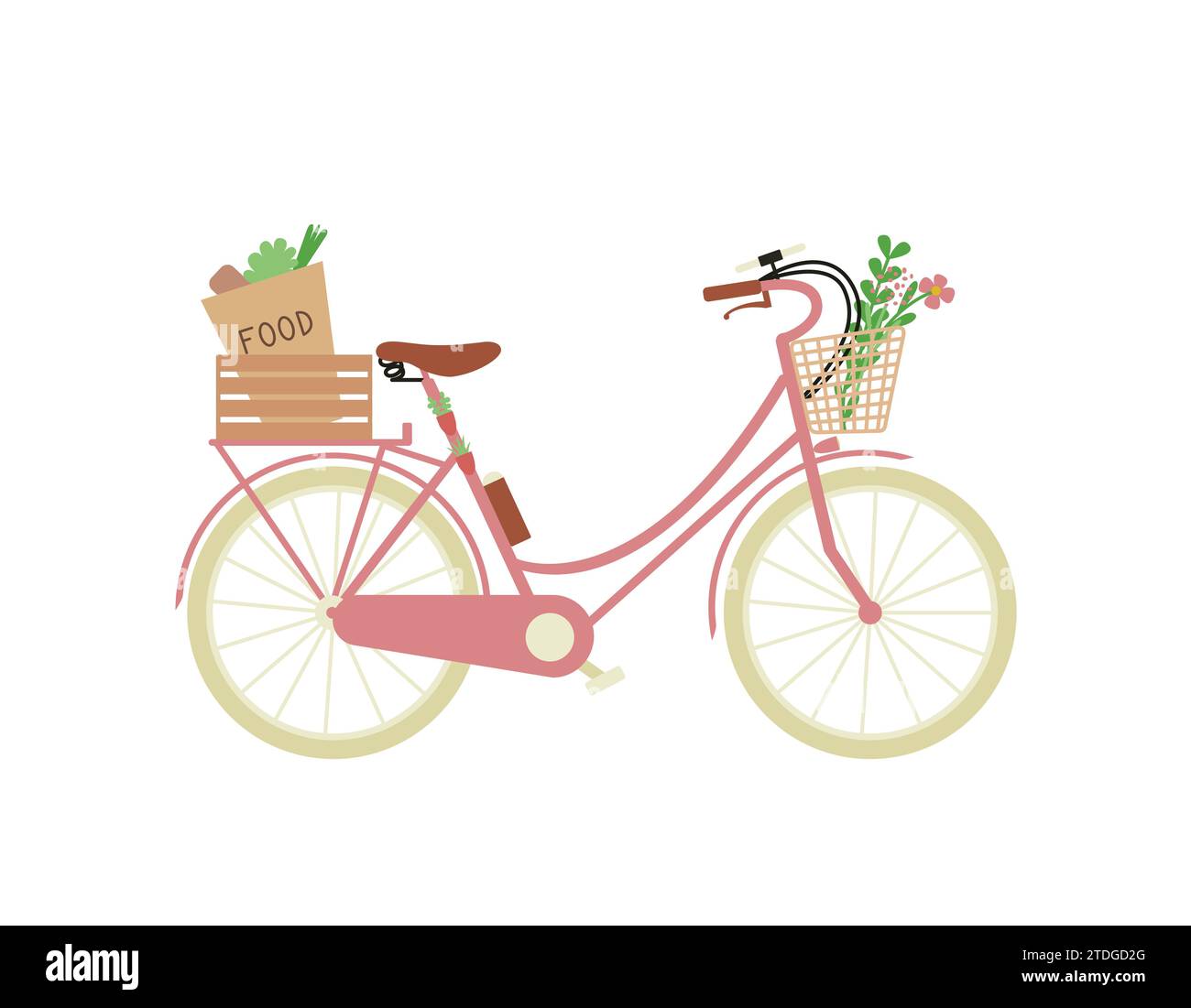 Fahrrad als ökologischer Stadtverkehr mit Einkaufstasche im Korb, Blumenstrauß, Smartphone, Flasche Wasser. Vektor-Zeichentrick-Illustration Stock Vektor