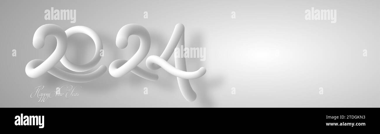 2024 Kalligraphie mit 3D-weißen Zahlen aus weichem, flexiblem Neon, Blasenröhrchen, Banner. Frohe Neujahrsfeier für Flyer, Plakate, Business-Logo Stock Vektor