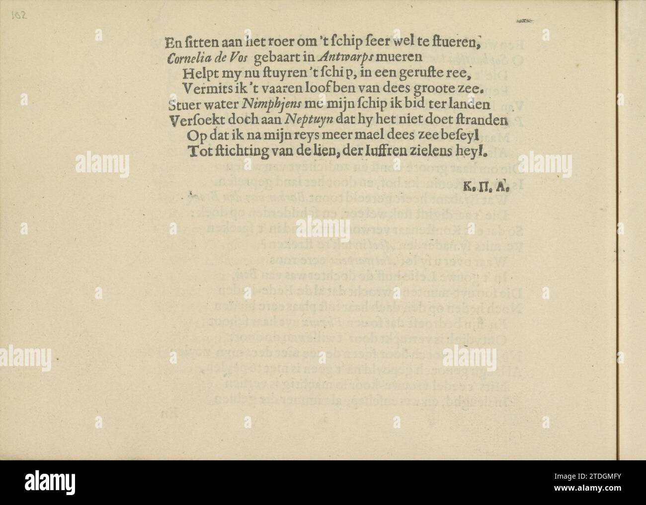 Niederländisches Gedicht über die Nymphen der Amstel, Seite 11, 1640 niederländisches Gedicht über die Nymphen der Amstel auf elf Seiten. Dies ist die letzte Seite mit den Initialen K (Crispijn) P (im griechischen Alphabet; Passe), A (Amsterdam). Das Magazin ist Teil eines Albums. Amsterdamer Buchdruck niederländisches Gedicht auf die Nymphen der Amstel auf elf Seiten. Dies ist die letzte Seite mit den Initialen K (Crispijn) P (im griechischen Alphabet; Passe), A (Amsterdam). Das Magazin ist Teil eines Albums. Amsterdam Papier Buchdruck Stockfoto