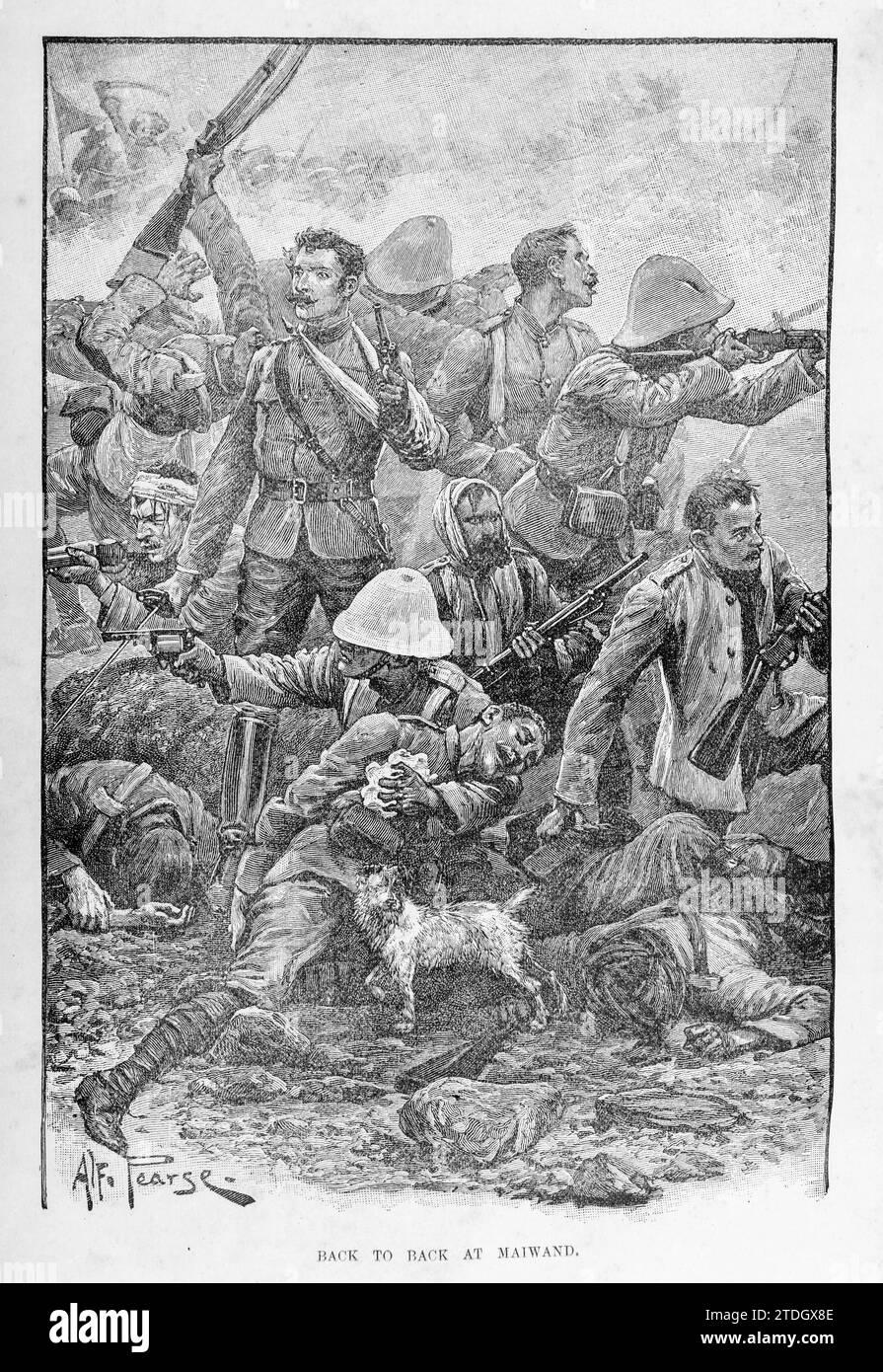 Der letzte Stand des 66. Regiments in der Schlacht von Maiwand (27. Juli 1880) während des Zweiten Afghanischen Krieges. Nur wenige britische Truppen überlebten, zusammen mit dem Hund Bobbie, dem Regimentsmaskottchen Stockfoto