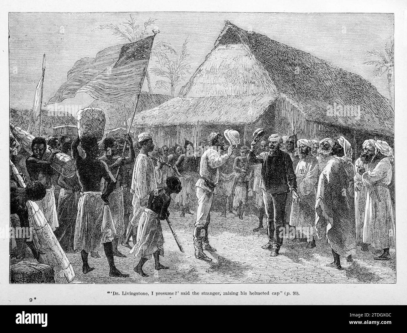 Das berühmte Treffen des amerikanischen Journalisten Henry Stanley und des Missionars David Livingstone in Ujiji (Tansania) - "Dr. Livingstone, nehme ich an?" Stockfoto