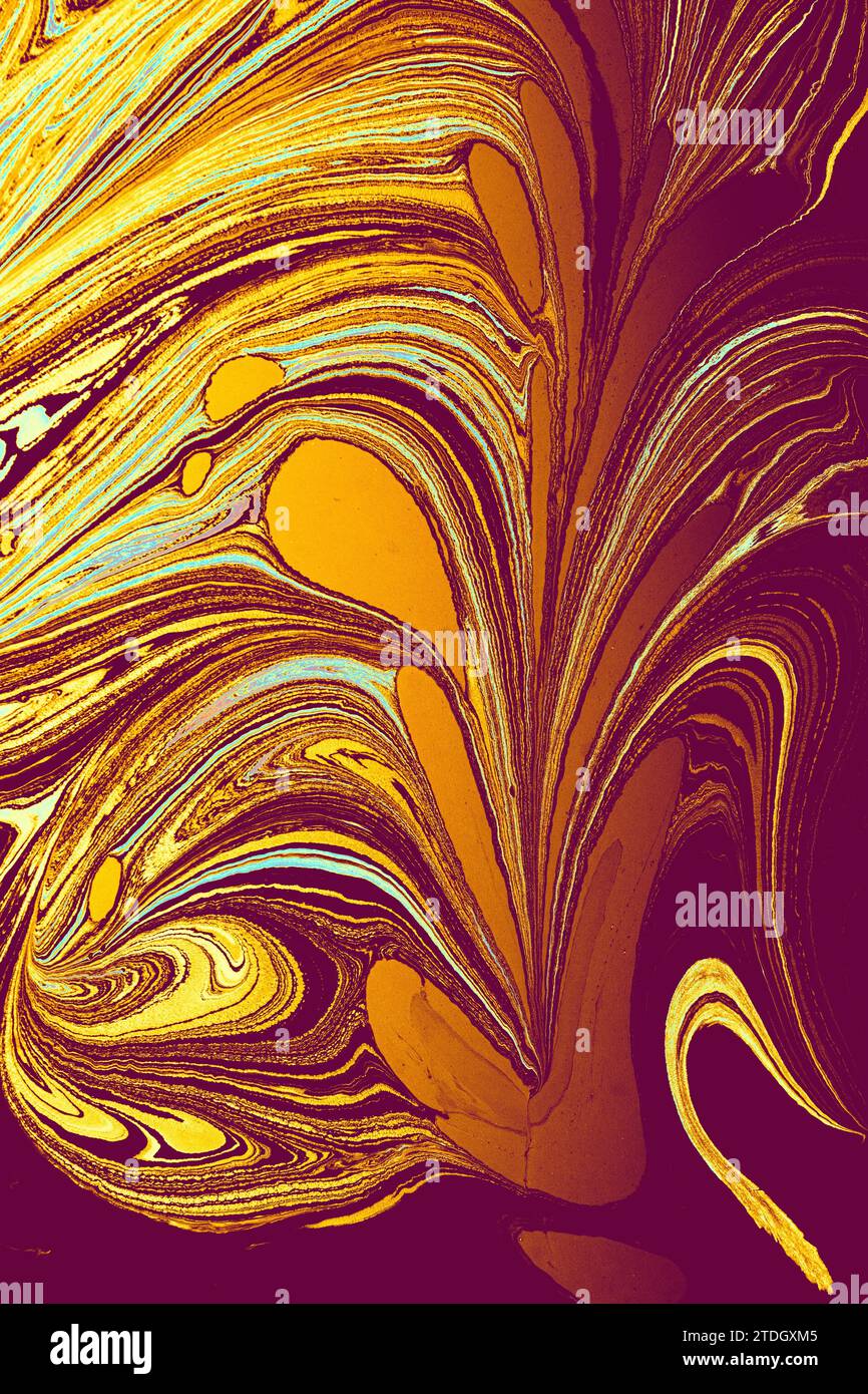 Traditionelle Kunst der Marmorierung aus Ebru. Abstraktes marmoriertes Blumenmuster für Stoff Stockfoto