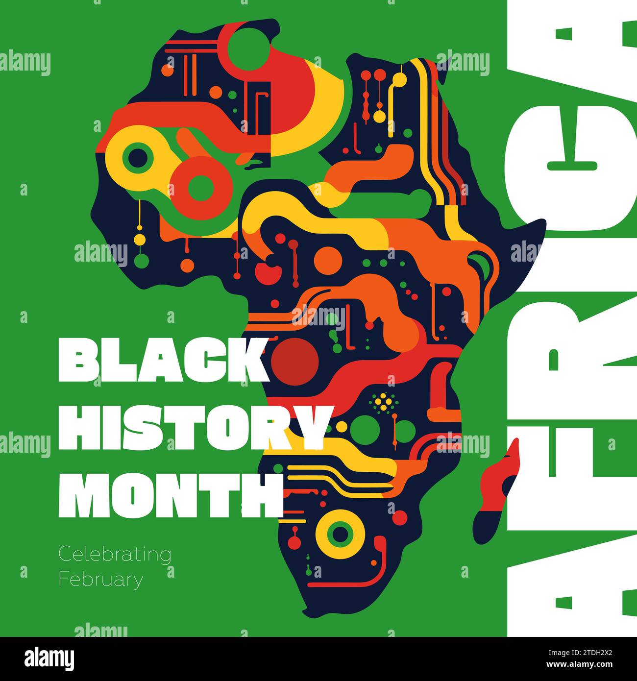 Quadratisches grafisches Banner für den Monat der schwarzen Geschichte. Afroamerikanische Rechte und Kultur feiern. Modernes kreatives Plakat. Afrika im afro-abstrakten Musterhintergrund. Kunstvektor-EPS-Druckdesign Stock Vektor
