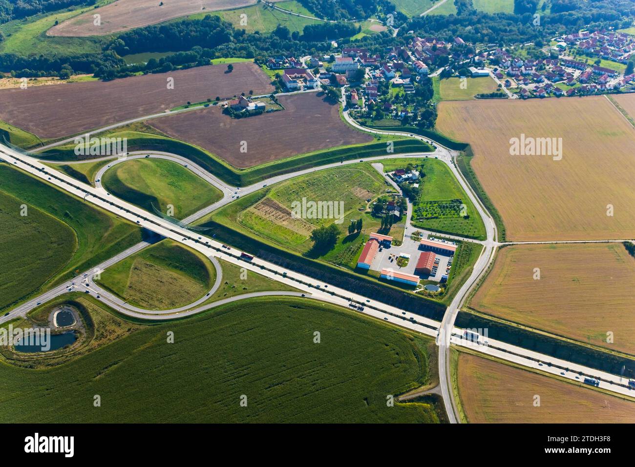 Aus der Vogelperspektive Dresden A 17, Autobahnabfahrt Dresden Prohlis Stockfoto