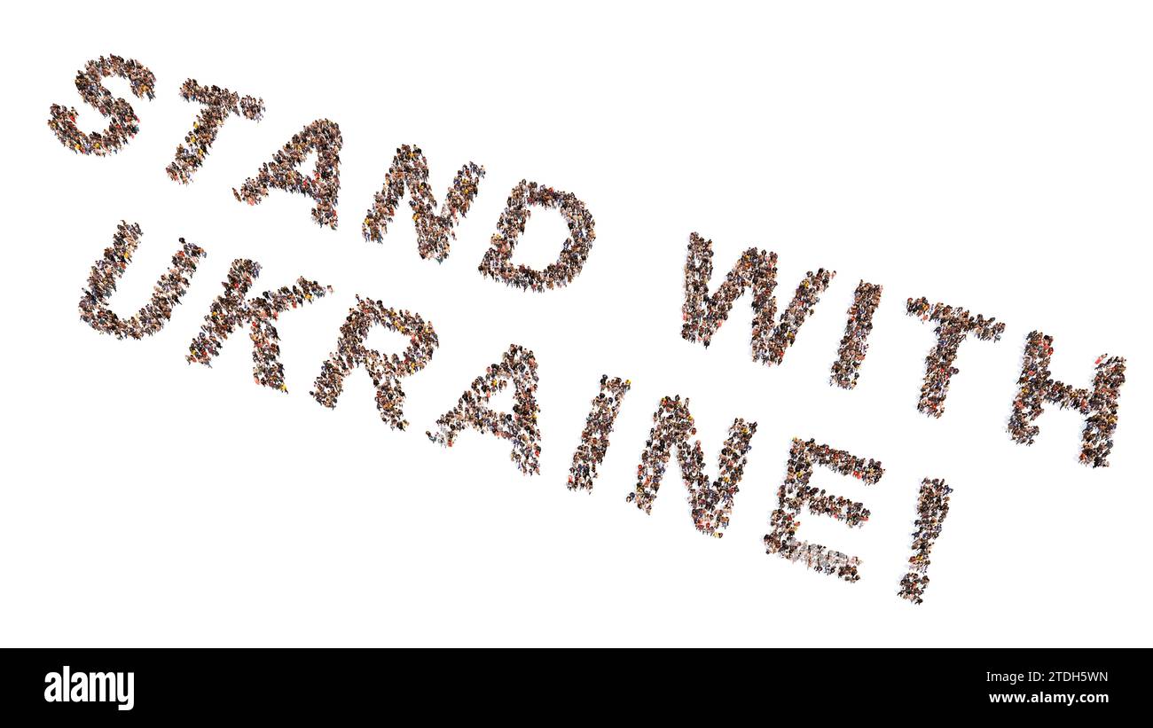 Konzept konzeptionelle große Gemeinschaft von Menschen bilden STAND MIT UKRAINE-Botschaft . 3D Illustration Metapher für Solidarität, Kooperation, Mitgefühl Stockfoto