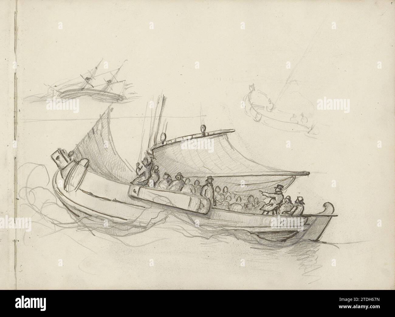 Figuren auf einem Schiff mit eingestürztem Segel, ca. 1825 - ca. 1875 auch Untersuchungen eines zwei-Meister und drei Figuren auf einem Segelschiff. Seite 2 Recto aus einem Skizzenbuch mit 44 Blättern. Papier. Tinte. Der Bleistiftstift untersucht auch zwei Meister und drei Figuren auf einem Segelschiff. Seite 2 Recto aus einem Skizzenbuch mit 44 Blättern. Papier. Tinte. Bleistiftstift Stockfoto