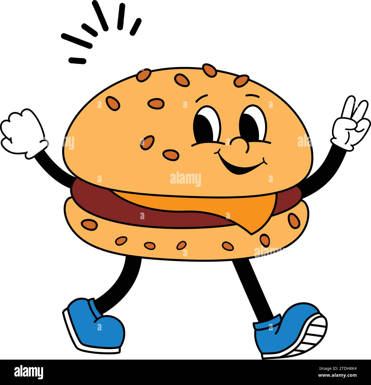 Burger Cartoon Charakter.Logo Marke Hamburger Junkfood Fastfood Maskottchen Vorlage.Burger Icon, lustig, Maskottchen, Sammlung, Poster, amerikanisch, lecker, Clip. Stock Vektor