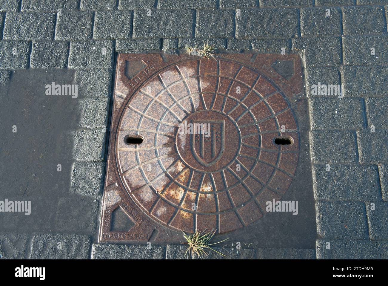 Eine Reykjavik, Island-Schachtabdeckung mit dem Wappen von Reykjavik darauf. Stockfoto