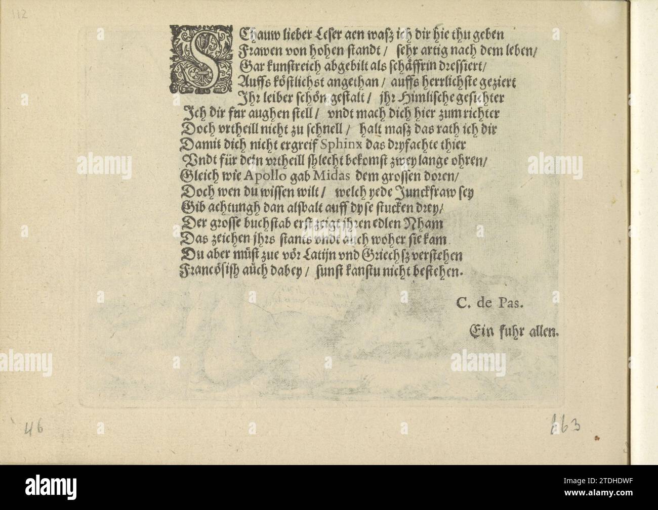 Deutsches Gedicht, 1640 deutschsprachiges Gedicht, in sechzehn Zeilen und beginnend mit einer verzierten Initiale S. signiert: C. de Pas. Ein Fuhr Allen. Das Magazin ist Teil eines Albums. Amsterdam Papier-Buchdruck deutschsprachiges Gedicht, in sechzehn Zeilen und beginnend mit einer dekorierten Initiale S. signiert: C. de Pas. Ein Fuhr Allen. Das Magazin ist Teil eines Albums. Amsterdam Papier Buchdruck Stockfoto