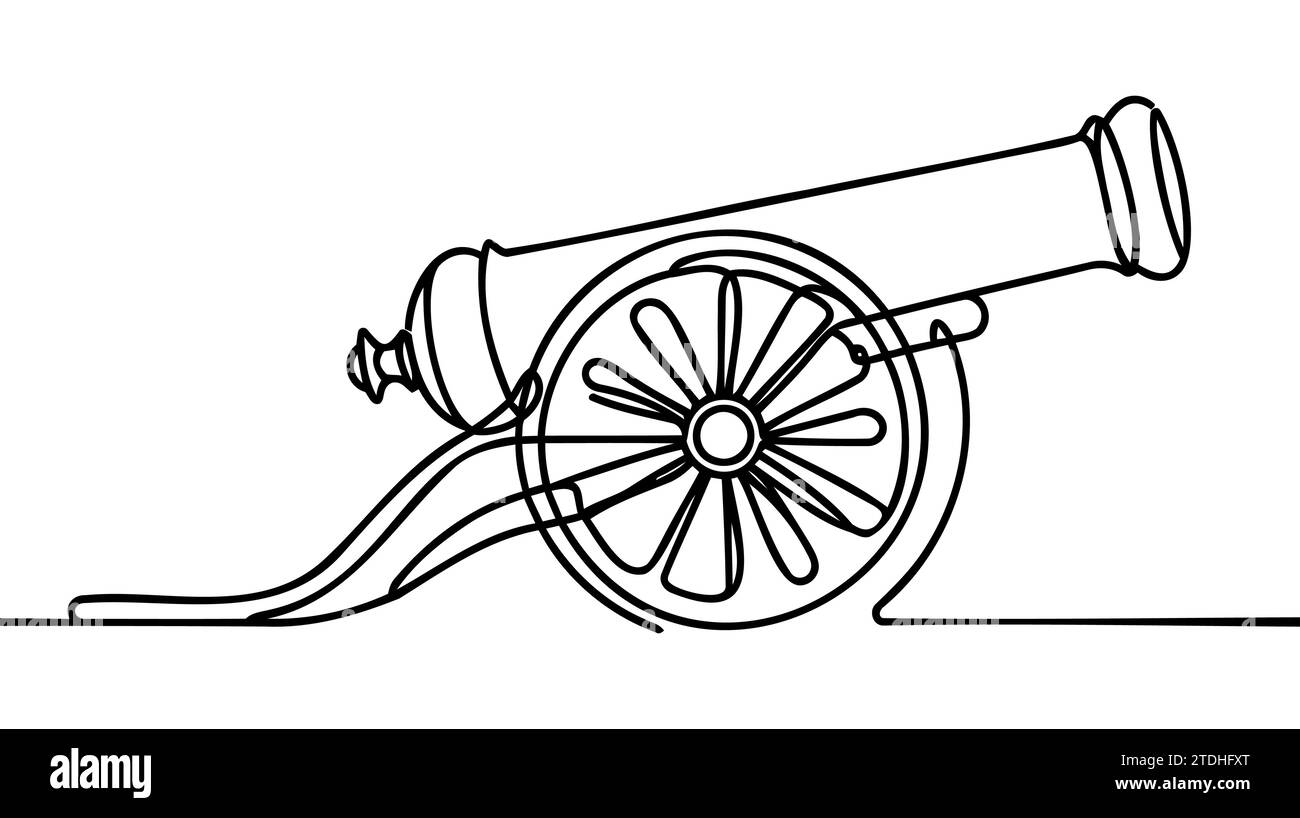 Kanone mit einer Linie zeichnen. Durchgehende Kanonenlinie. Armee-Kriegsausrüstung auf dem Schlachtfeld ein-Linien-Konzept. Stock Vektor